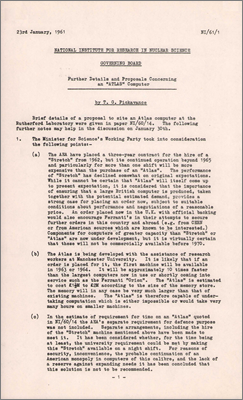 NI/61/1 Proposal from Gerry Pickavance concerning the siting and technical details of the Atlas computer at Rutherford Laboratory (23 January 1961)