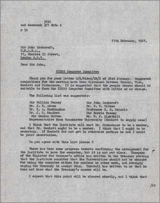 Letter from JAV Willis to John Cockcroft concerning membership of the NIRNS Computer Committee, and some remarks about universities not being charged for the use of Atlas (17 February 1961)