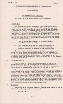 NI/61/11 Paper by William Penney and Gerry Pickavance to the NIRNS Governing Board concerning the Atlas Computer Laboratory including organisation, costs and location (10 May 1961)