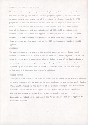 Department of Engineering Science (Note from M Snowden on the revised structure of the Department, 21 June 1971)