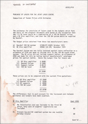 JLPEC/P10 Purchase of lasers for the Joint Laser Centre: Comparison of tender prices with estimates (C Whitehead and PR Williams, 13 June 1975)