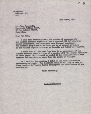Letter to Sir John Cockcroft concerning assessors for Dee's 100 MeV electron linac (15 March 1960)