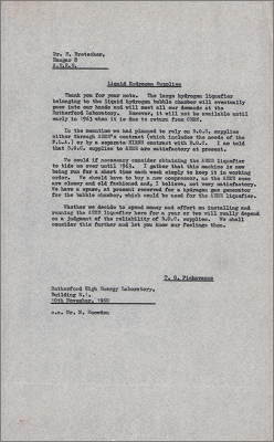 Letter to E Bretscher concerning plans for the hydrogen liquefier (10 November 1960)