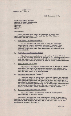 Letter to Arthur Roberts, Argonne concerning UK work on spark chambers (14 December 1960)