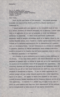 Draft of letter to AE Drake, Finance and Programmes Officer, UKAEA concerning the RHEL funding model (Undated but refers to funding in 1964/5)