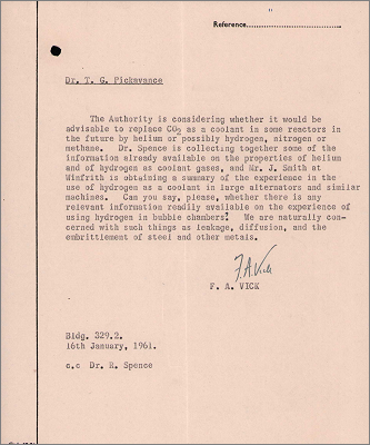 Letter from (Francis) Arthur Vick, Harwell concerning the possible replacement of CO2 coolant in reactors with some other gas (16 January 1961)