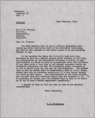 Letter to CH Vincent, AWRE Aldermaston concerning recruitment for electronics work (14 February 1961)
