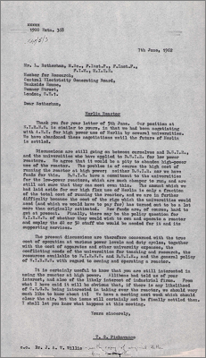 Letter to L Rotherham, CEGB concerning the running and possible take-over by NIRNS of the Merlin Reactor (7 June 1962)