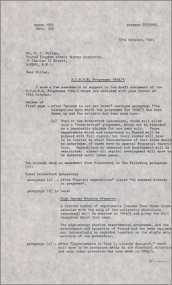 Letter to HJ Millen, UKAEA with amendments to draft statement of the NIRNS programme (17 October 1963)