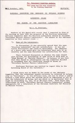 NI/63/22: The naming of the Electron Laboratory (17? October 1963; Daresbury Nuclear Physics Laboratory was recommended)
