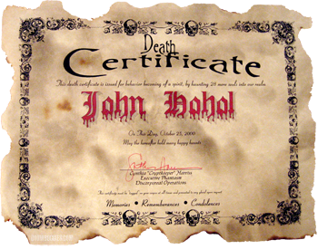 Death Certificate presented to attendees of the Haunted Mansion dinner event in 2000.