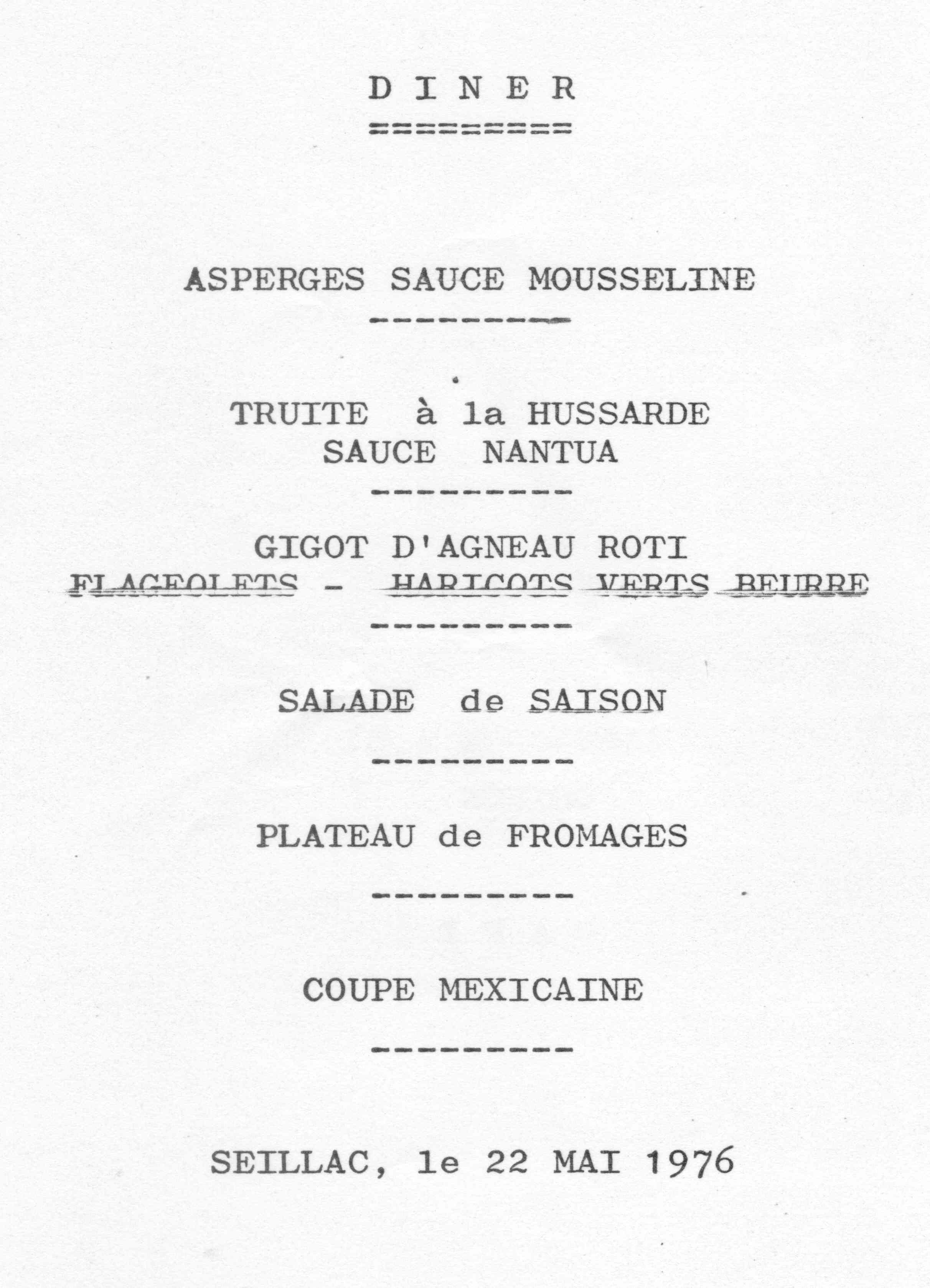 Domaine de Seillac, Dinner Menu, 22 May 1976