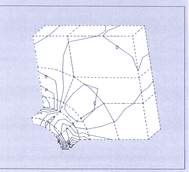Fig 3.3 Stress contours on a 3-dimensional body, prepared by the FEMVIEW program using results calculated by the ASAS package. (37445) 
