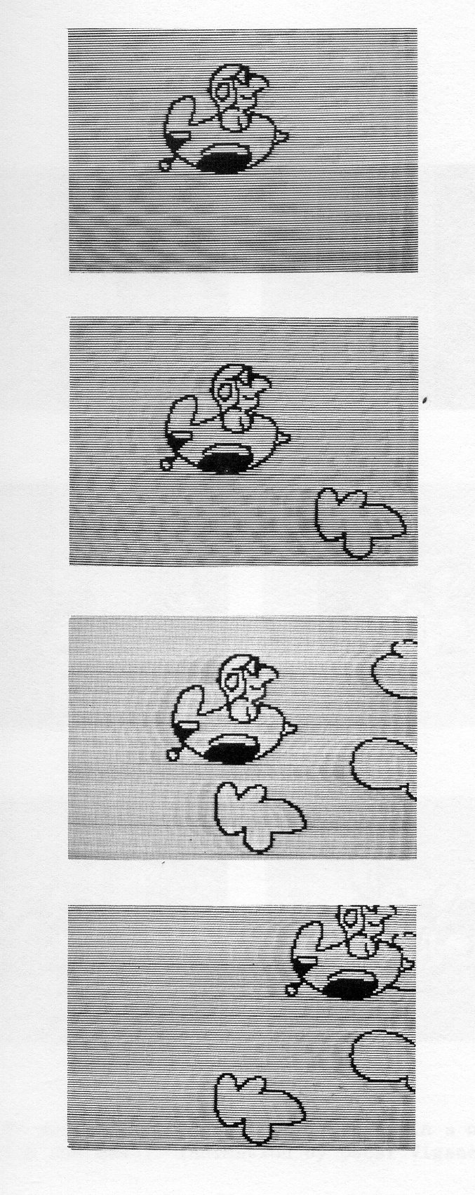 Fig. 10. Key frames from a sequence are shown and were created by drawing only two frames (figure 9). Animation by Oscar Vigano, New York City.