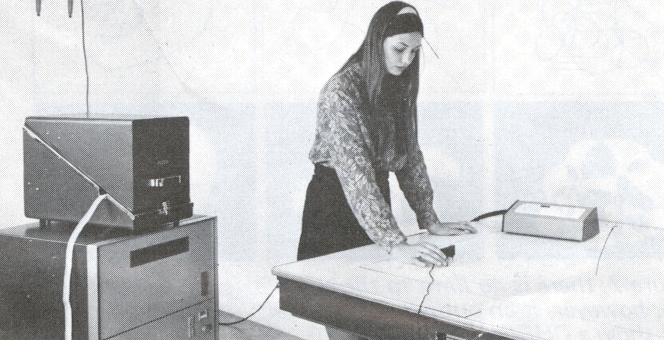 Figure 5, the D-MAC pencil follower - tracing round the outlines of a drawings produces a digitised image on paper tape.