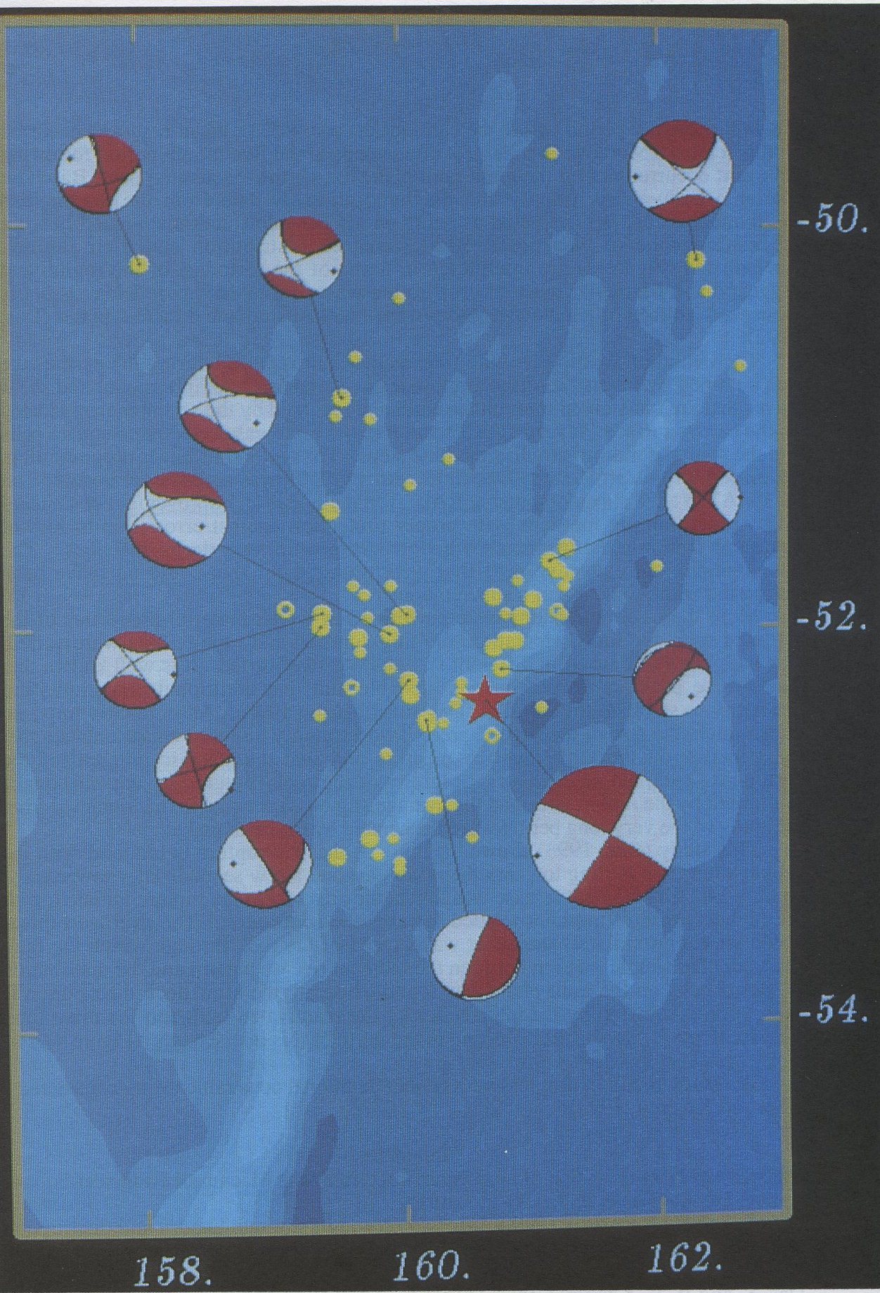 Figure 2. The aftershock distribution between 23 May 1989 and 31 December 1989., shown by solid circles, with larger symbol sizes indicating larger earthquake magnitudes. Practically no events have occurred on this portion of the MR since then and the rupture area of this great event is now quiescent. The main shock location is shown by the star. The events which were too poorly recorded to be assigned a magnitude are shown as open circles of one size. The "beach-balls" give the centroid moment tensor solution, which indicates the nature of faulting for that earthquake. The size of the beach-balls relate to the size of the earthquake. The red quadrants indicate compressional first motion and the white ones dilatational first motion. 