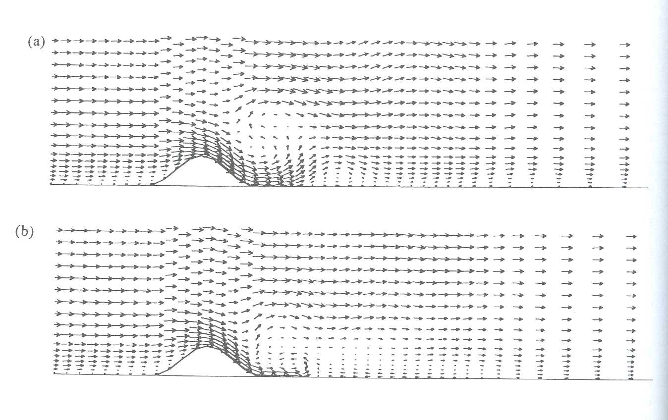 Figure 1. Flow over a three-dimensional cosine hill, h/D = 0.1. (a) Fh = 0.7 (K = 4.55); (b) Fh = 0.6 (K = 5.31 ). 