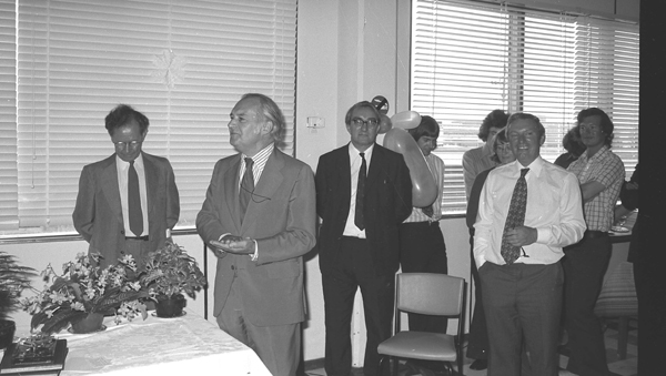 Jack's Retirement: Left to right: Christopher Joliffe, Peter Hall, 
Bob Churchhouse, Rob Witty, John Rushby, Jim Hailstone.