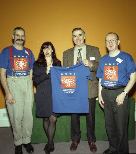 Martin Prime, Helen Ashman, Robert Cailliau, Brian Ritchie advertising WWW7 in Brisbane