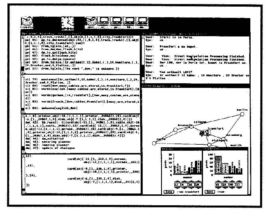 Figure 5. Example of an interaction with the Acord system showing user input in English, French, and German in the upper right window. The truck moved its load of computer components from Paris to Frankfurt. The contents of the truck's load and the Frankfurt depot are displayed as histograms in the bottom right windows. The four windows on the right show system diagnostic messages.