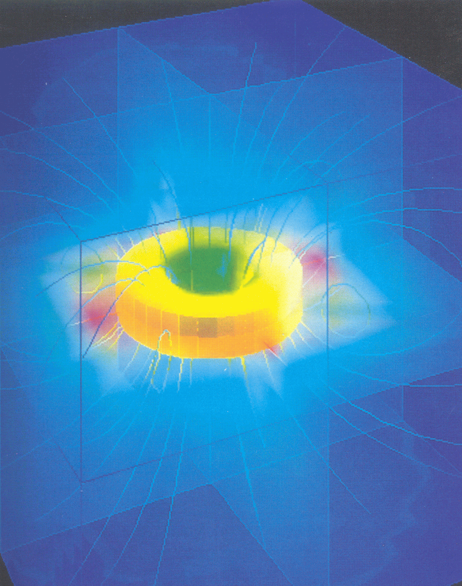 Fig 2.1 Picture of electromagnetic data, showing the magnet and streamlines. Data and computational software from Vector Fields Ltd.
