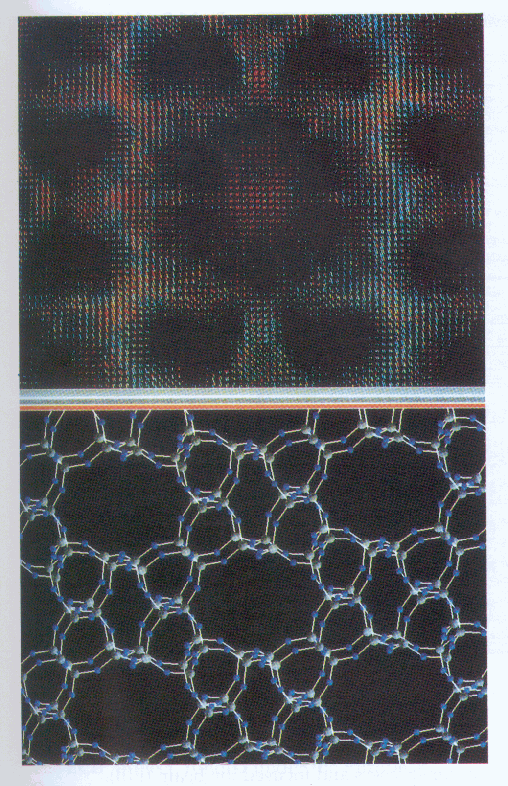 Fig 2.6 Comparison of (top) 3-D volumetric representation of experimental 
crystallographic data with (bottom) the corresponding geometrical molecular model. 
The structure of the molecule can clearly be identified within the experimental data. (9IRC6102)
