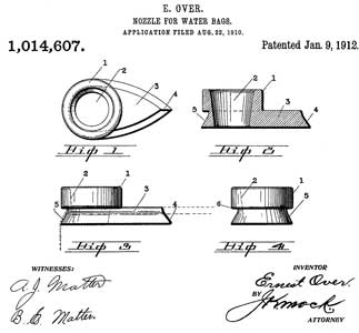 1014607 Nozzle for
                  water-bags, Ernest Over, Dan Kellaher, 1912-01-09