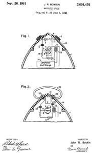 3001476
                      Magnetic fuze, John R Boykin, App: 1945-06-04 (TOP
                      SECRET 26 years), Pub: 1961-09-26