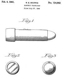 D124962S Design for an electric flashlight,
                  Robert E. Bourke, Sears. Roebuck & Co, Feb 4,
                  1941