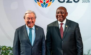 United Nations Secretary-General António Guterres (left) and South African President Cyril Ramaphosa (right) at the G20 Summit in Johannesburg, South Africa, 2025. The Summit marks the first G20 meeting held on African soil and the first since the African Union became a permanent member of the G20.