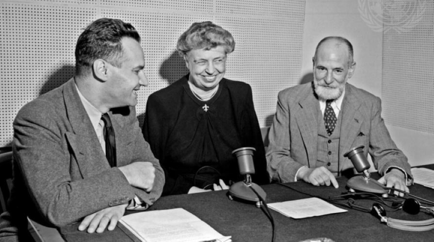 Image of Georges Day (left), UN Radio Commentator (France); Mrs. Eleanor D. Roosevelt, Chairman, UN Commission on Human Rights (United States); and Professor René Cassin, Representative of France