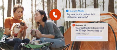 Dvě ženy sedí v kempu se stany a malým psem. Text na obrazovce zobrazuje zprávu o poškozeném