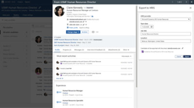 Claire Kennedy 的 LinkedIn 設定檔螢幕擷取畫面，顯示她在 Contoso 擔任人力資源總監的職務，並具備豐富經驗