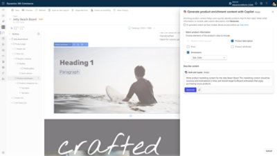 Snímek obrazovky rozhraní Dynamics 365 Commerce s možnostmi vylepšování produktů a generování marketingového obsahu pro surfingová prkna Jetty Beach Board