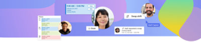 Smiling employees and blurbs of meetings, appointments, and schedules from Teams.