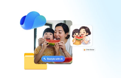 Logo Microsoft Copilot au-dessus d’un collage photo et d’une requête de retouche d’image basée sur l’IA intitulée « Retoucher avec l’IA ».