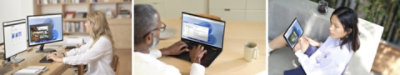 A person sitting at a desk working across two monitors. A person using Outlook on a laptop. A person sitting outside working on a tablet.