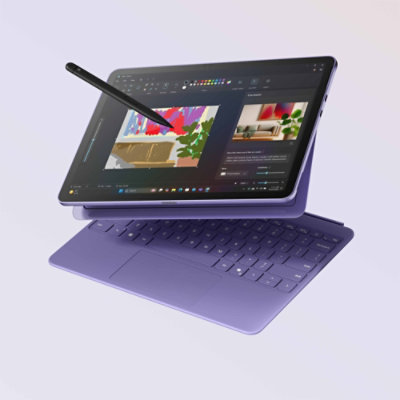 جهاز Surface Pro بنفسجي مع لوحة مفاتيح منفصلة وقلم Slim مع شاشة بزهرة متفتحة ملونة