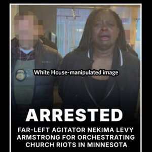 Collage comparing the original and altered photos taken during the arrest of ICE protester Nekima Levy Armstrong. One shows the original photo in which she is being led away by an officer and appears to be calm and collected. In the altered version posted by the White House, she appears to be crying, and the White House added text that says, "Arrested: Far-left agitator Nekima Levy Armstrong for orchestrating church riots in Minnesota."