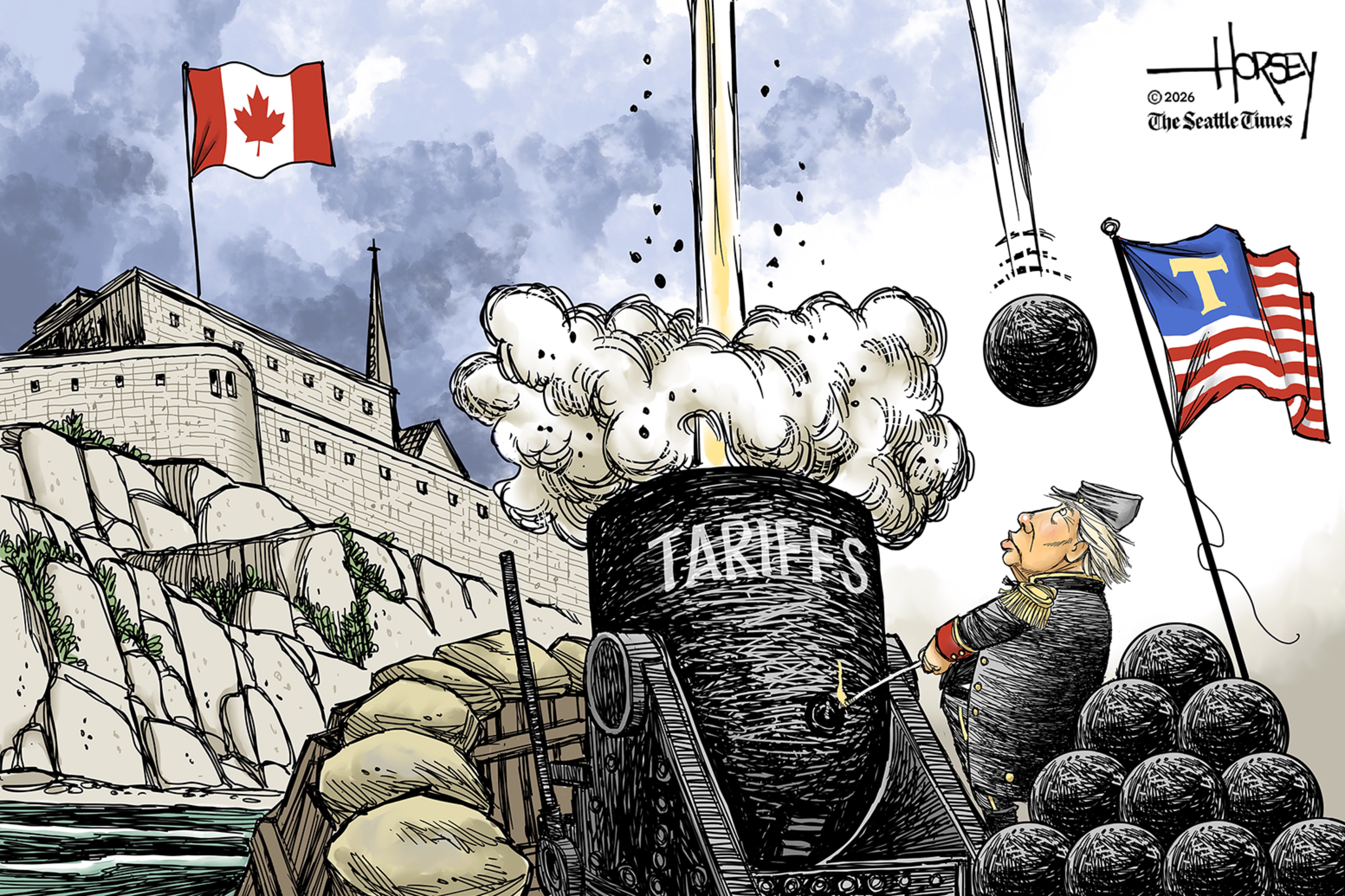 Donald Trump is outside a castle that flies the Canadian flag. He fires a cannon that is labeled "tariffs" and points straight up, instead of at the castle. The cannonball has reached its apex and will soon fall on Trump's head.