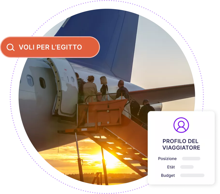 Grafica che mostra le persone che salgono su un aereo insieme a una casella di ricerca stilizzata per il Cairo, in Egitto e una grafica astratta del profilo del viaggiatore