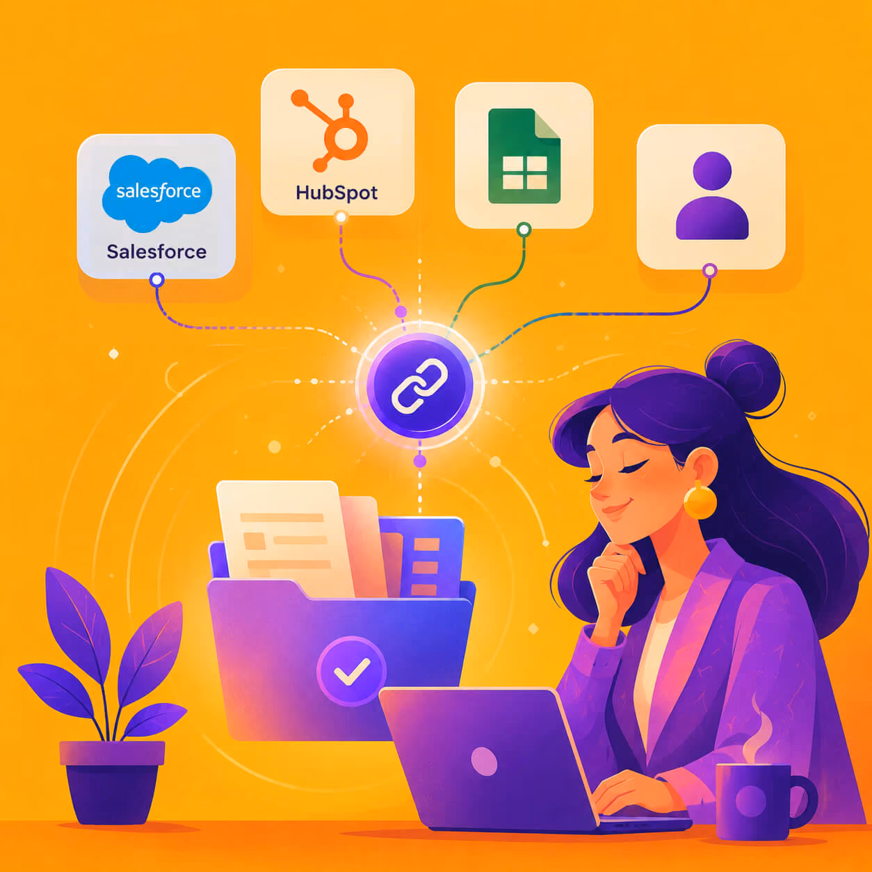 Woman with laptop linking CRM icons: Salesforce, HubSpot, Google Sheets, and user profile on orange background.