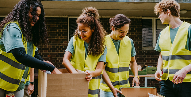 Four volunteers wearing yellow safety vests sorting items into cardboard boxes outside a building.