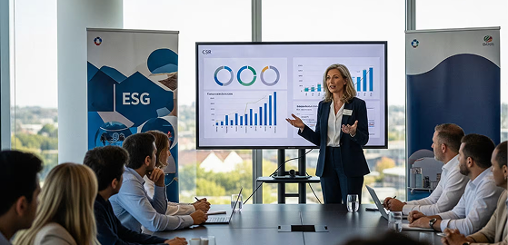 Businesswoman presenting CSR and ESG data charts on a large screen to a seated audience in a conference room.