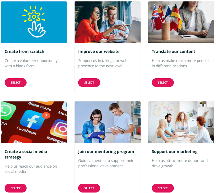 A grid of six SIGNA volunteer opportunities, each with an image and brief description, lets you engage in skills-based volunteering: create projects, improve a website, translate content, manage social media, join mentoring, or support marketing.