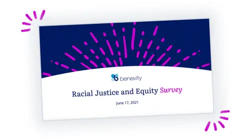 A graphic with the Benevity logo, titled Racial Justice and Equity Survey in blue and pink text, dated June 17, 2021, with pink burst lines above on a navy background.