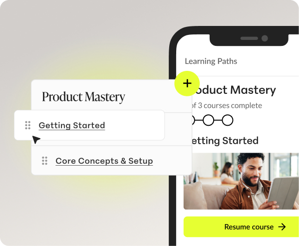 Mobile screen showing Product Mastery learning path with Getting Started and Core Concepts courses and resume button.