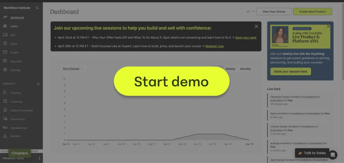 Dashboard interface with navigation menu, promotional banner, live feed, and a large start demo button.