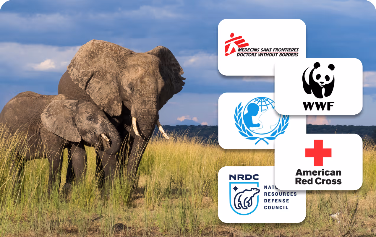 Two elephants standing in tall grass with logos of humanitarian and environmental organizations including Doctors Without Borders, WWF, UNICEF, American Red Cross, and NRDC.
