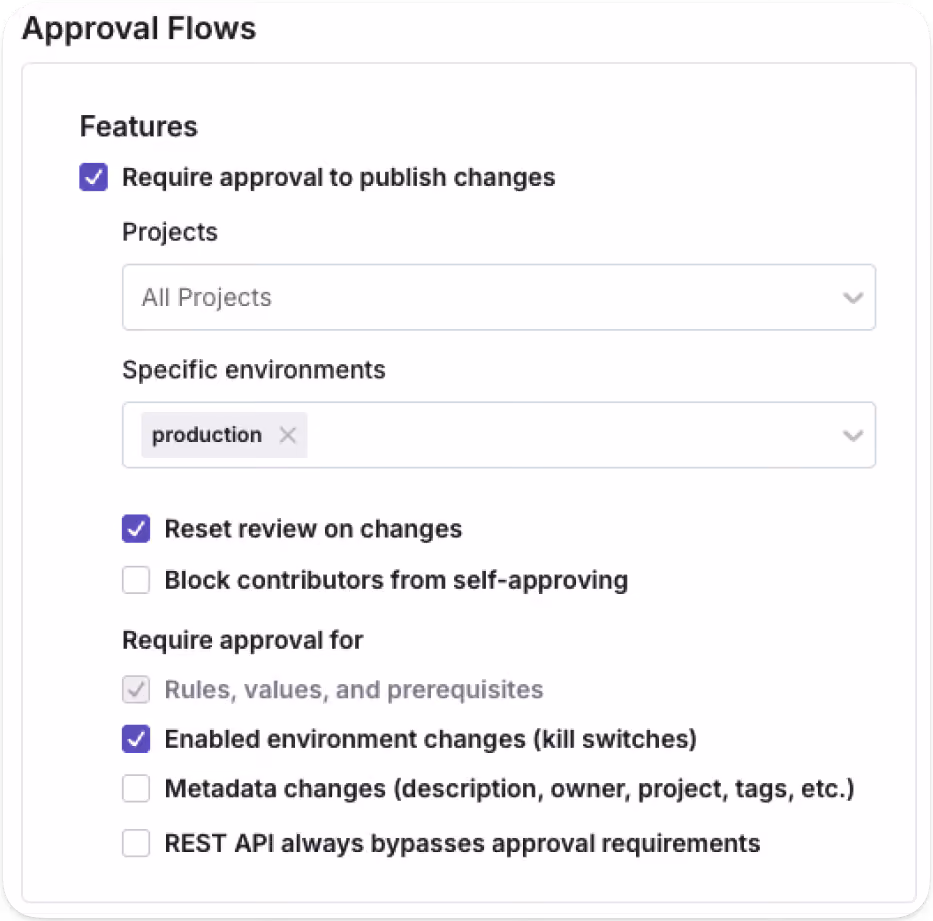 GrowthBook Feature Flags screenshot showing approval flows